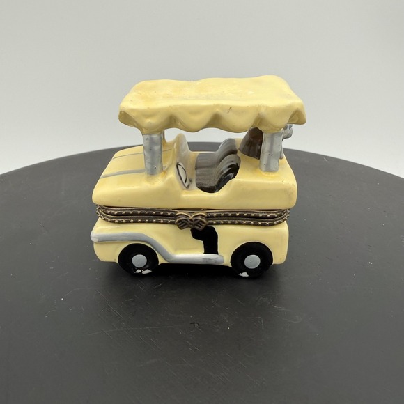 Other - Vintage Golf Cart Ceramic Hinged Trinket Box with Miniature Golf Club Yellow